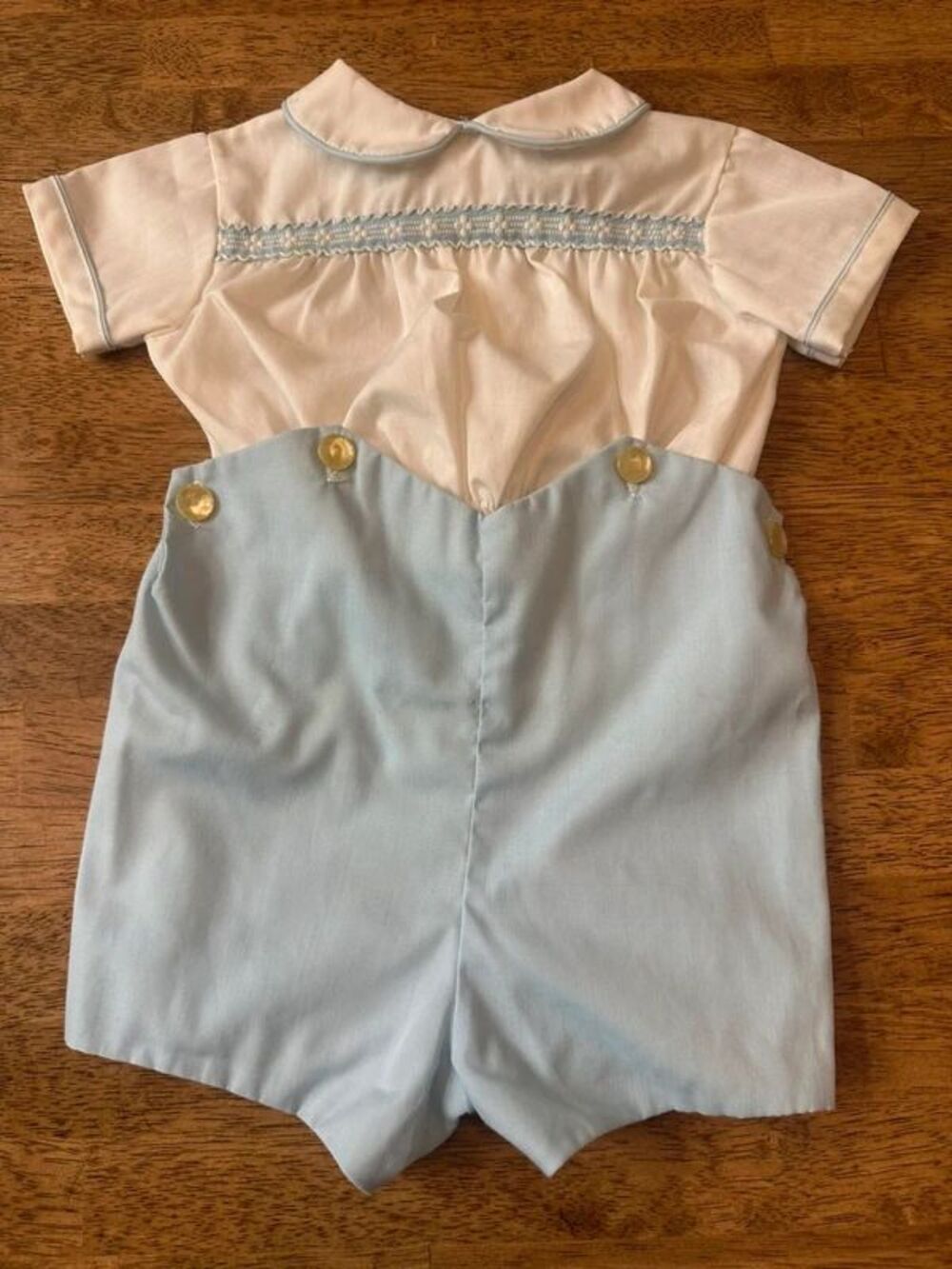 Vintage Bryan Baby Boy Smocked Heirloom Romper Blue White 6-9M USA